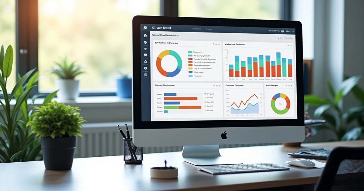 Tela de computador exibindo painel de lead scoring com gráficos coloridos e dados de clientes para automação de vendas 