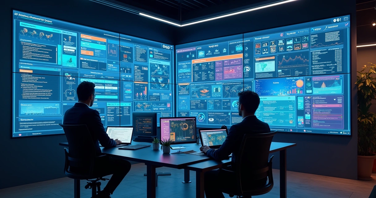 Painel de automação comercial com fluxos de leads e alertas automáticos, cores vibrantes e telas digitais 