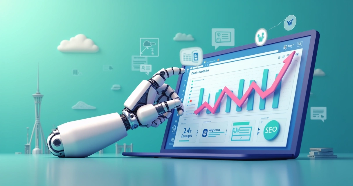 Representação visual de automação de marketing digital com blog automático e gráficos de crescimento 