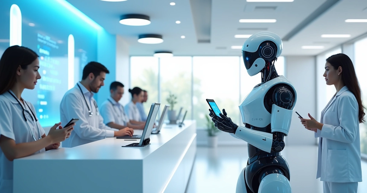 Robô atendendo pacientes em clínica biomédica digital