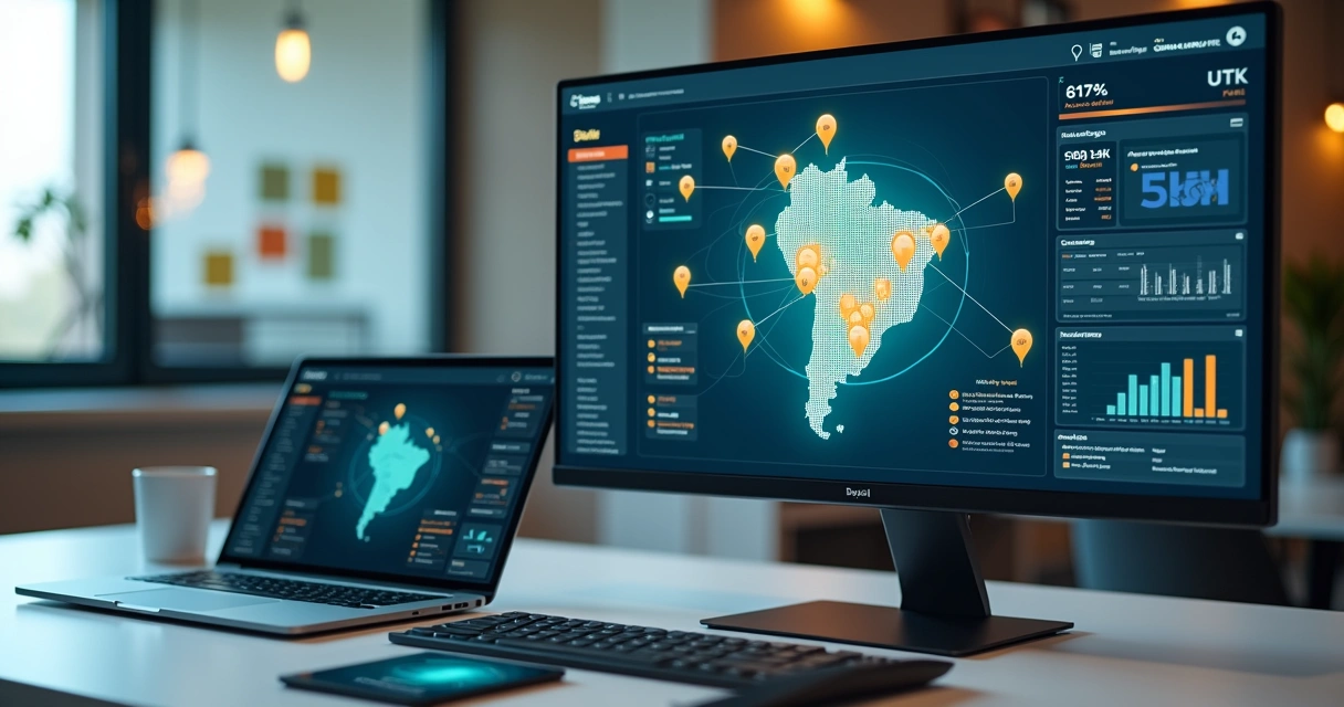 Painel de controle de marketing com mapa de franquias e campanhas locais conectadas 