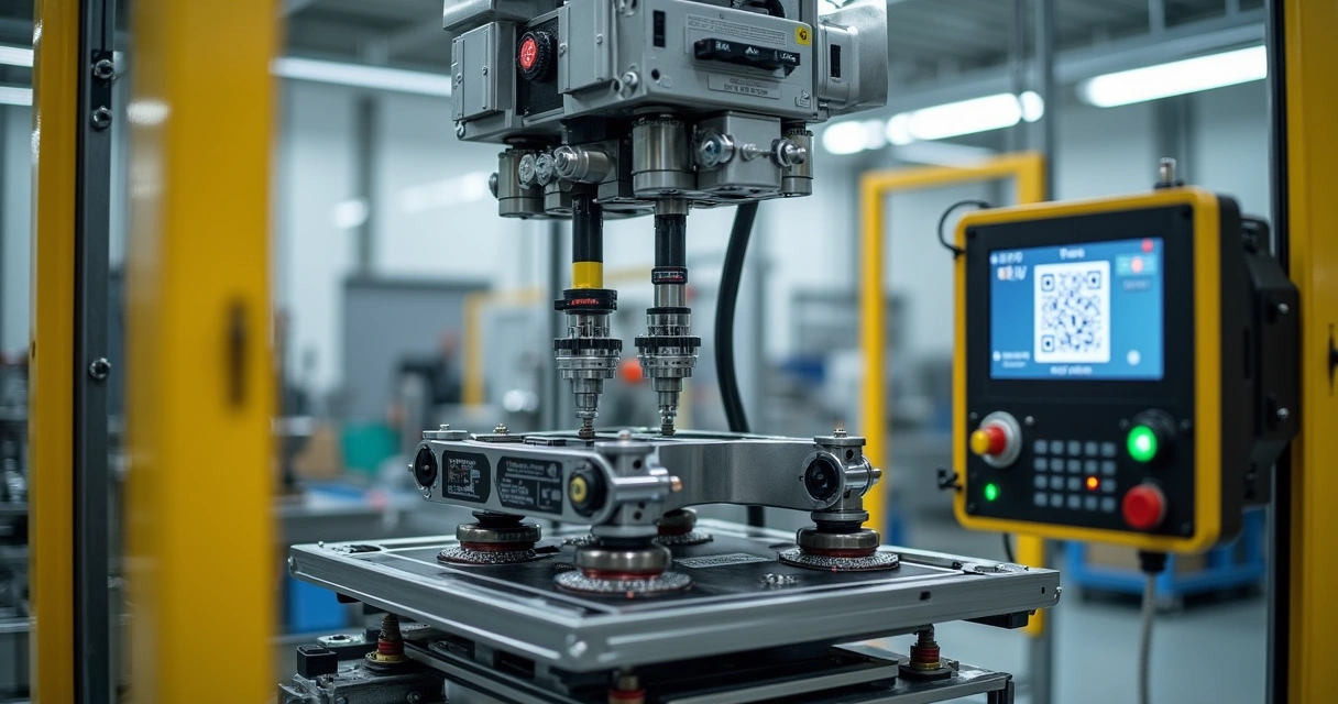 Linha automatizada montando buchas e cravando rebites com dispositivos conforme NR-12 