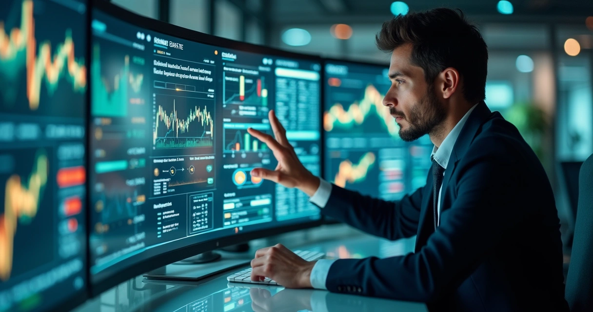 Analista de risco usando algoritmo em plataforma digital de hedge