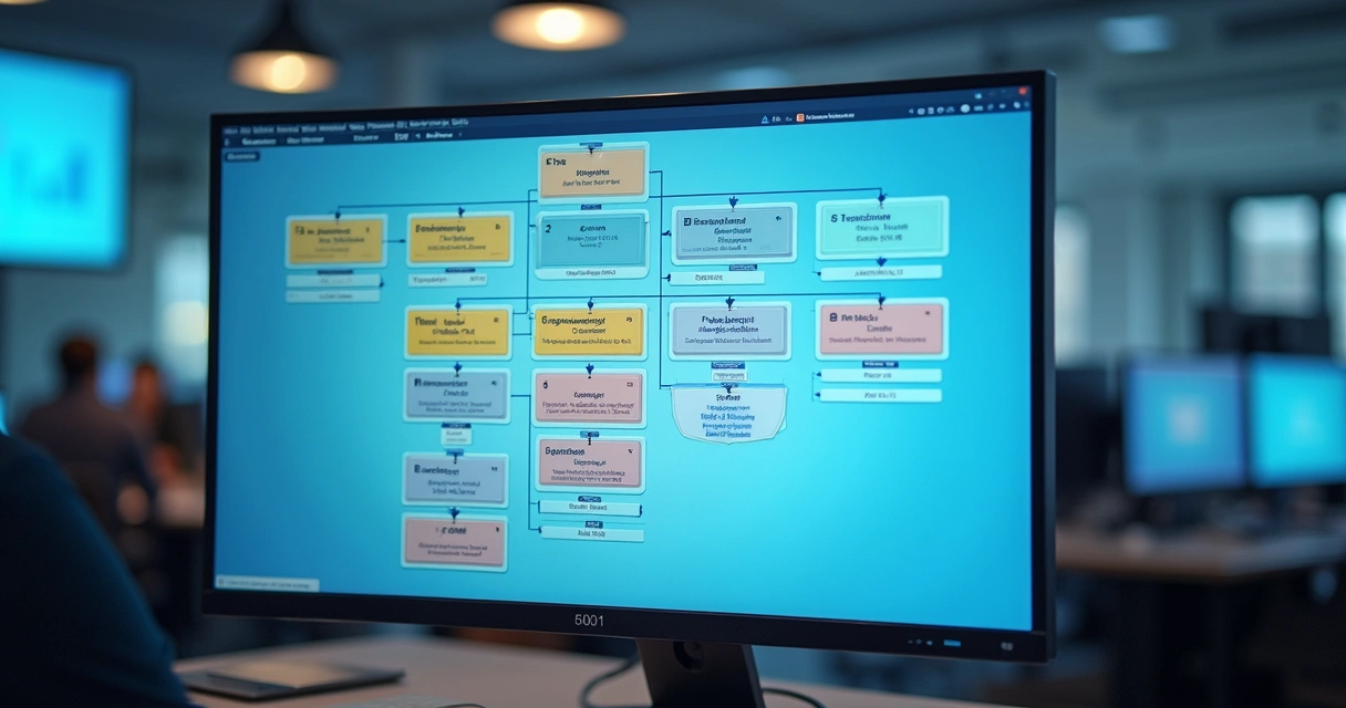 Tela de computador com organograma digital e gráficos ao fundo 