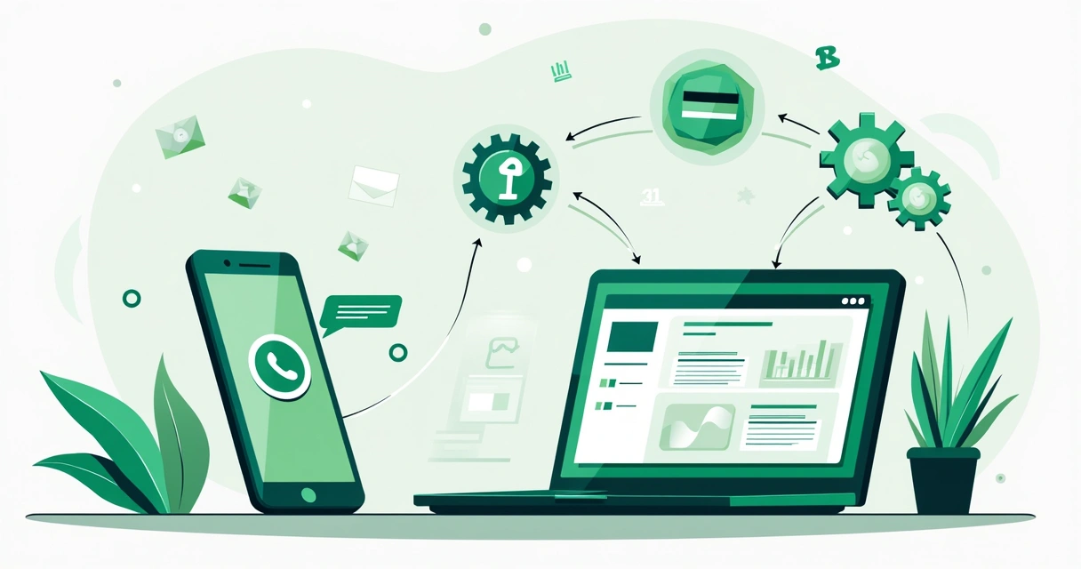 Ilustração de automação de vendas integrando WhatsApp e plataforma digital 