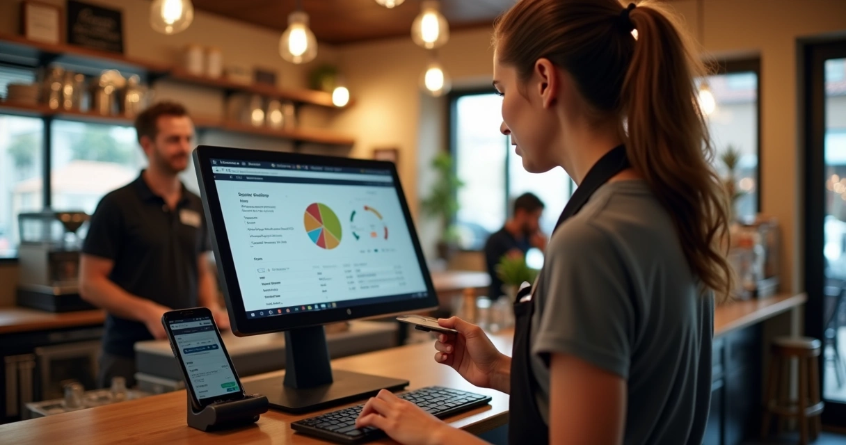 Automação do PDV em uma cafeteria de bairro, mostrando interação do sistema com máquina de pagamento e gestor acompanhando tela de gestão 