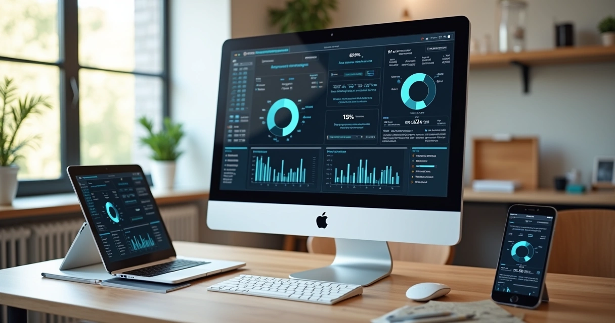 Mesa de escritório com computador, tablet e smartphone exibindo gráficos de automação, ambiente moderno e organizado, com luz natural e plantas decorativas 
