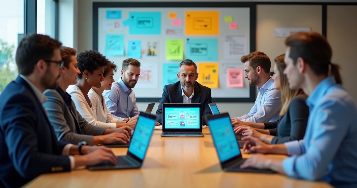 Equipe de vendas em uma mesa usando computadores com telas mostrando fluxos de mensagens digitais personalizados 