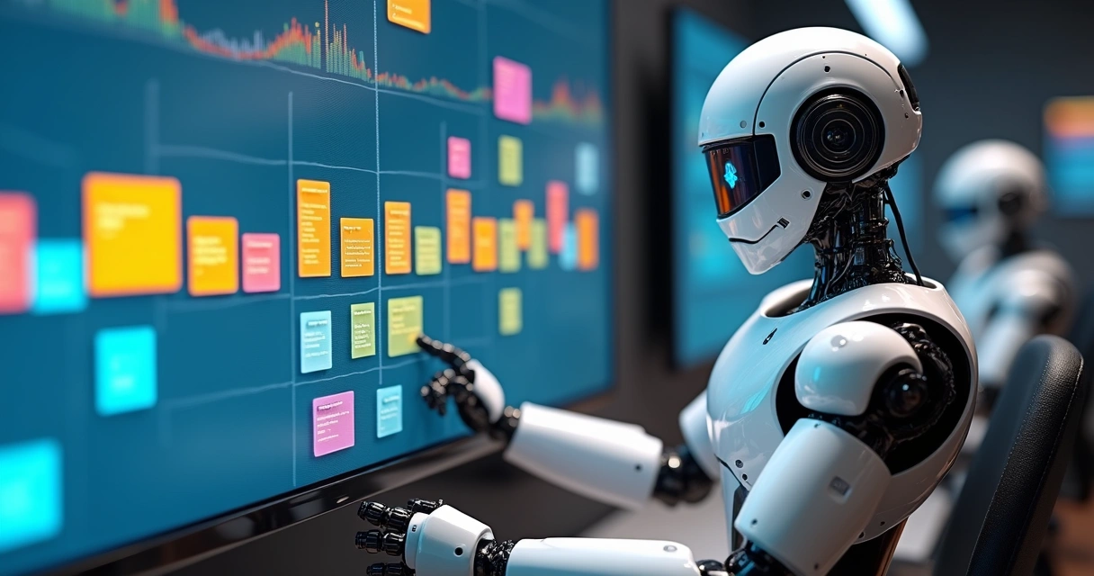 Pipeline de vendas B2B: etapas, métricas e gestão de leads 8 Robô digital organizando etapas do pipeline de vendas