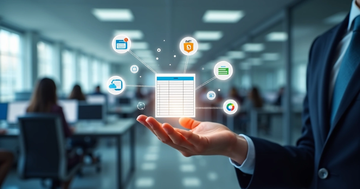 Mão conectando planilha digital a vários ícones de aplicativos 