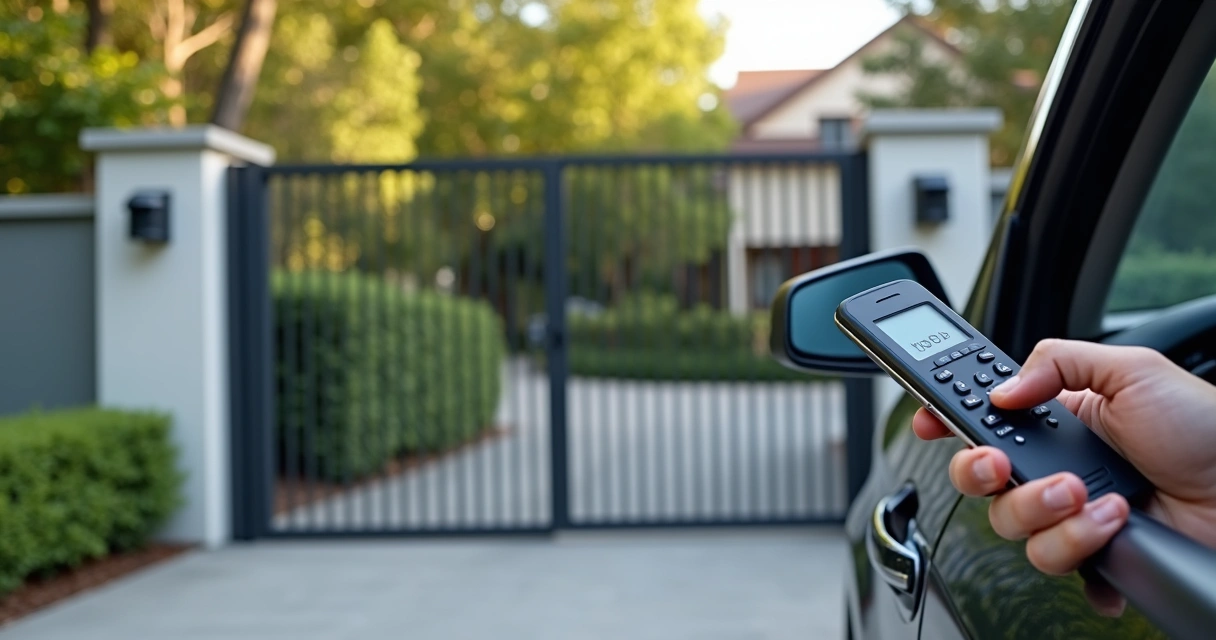 Portão automático instalado com sensor e câmera de segurança acoplados 