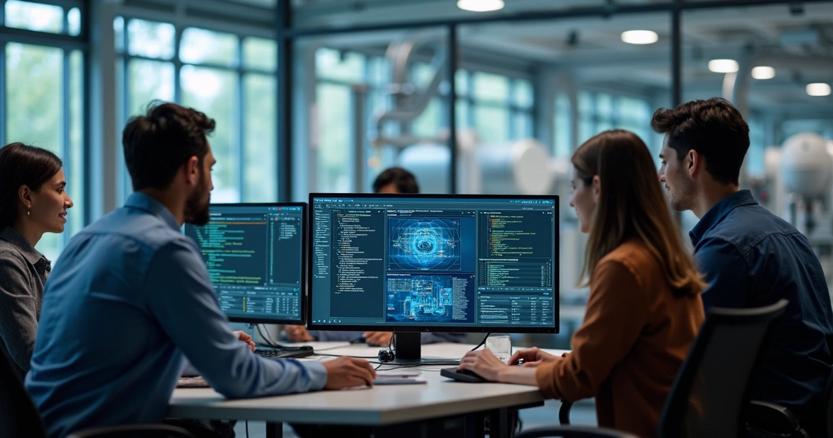 Equipe programando automação industrial