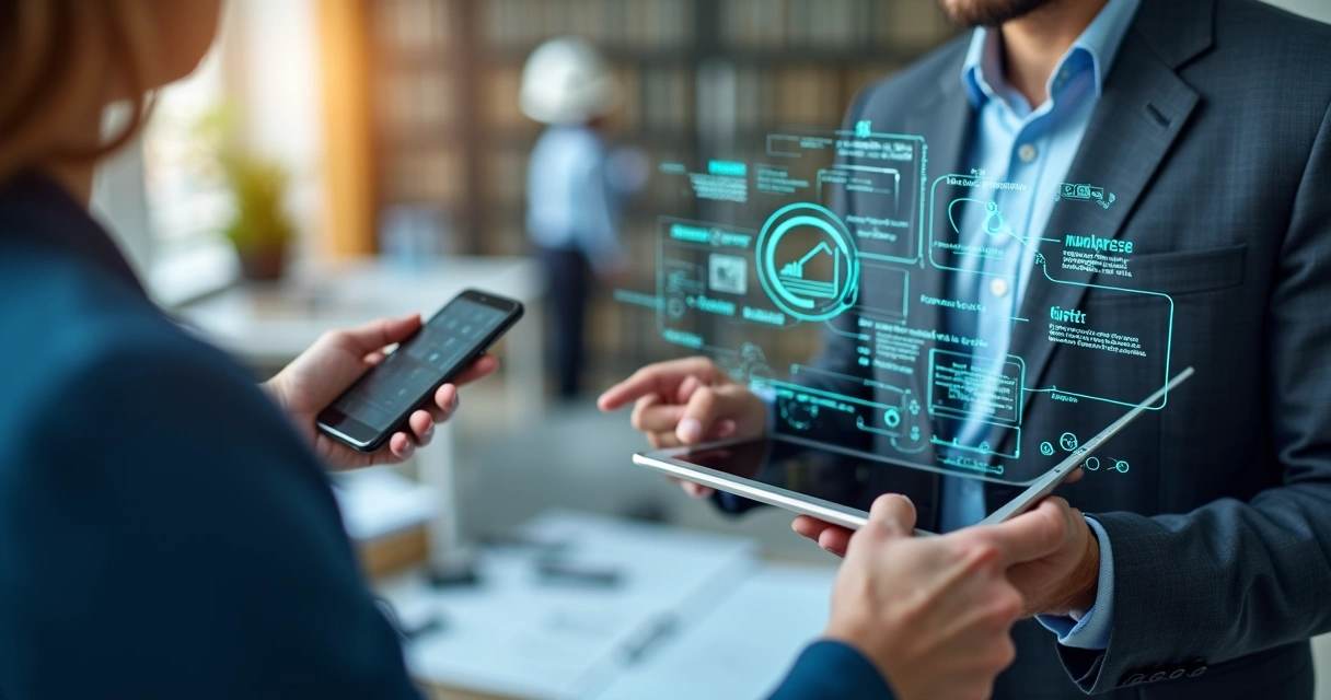 Equipe de construtora aplicando automação digital em processos
