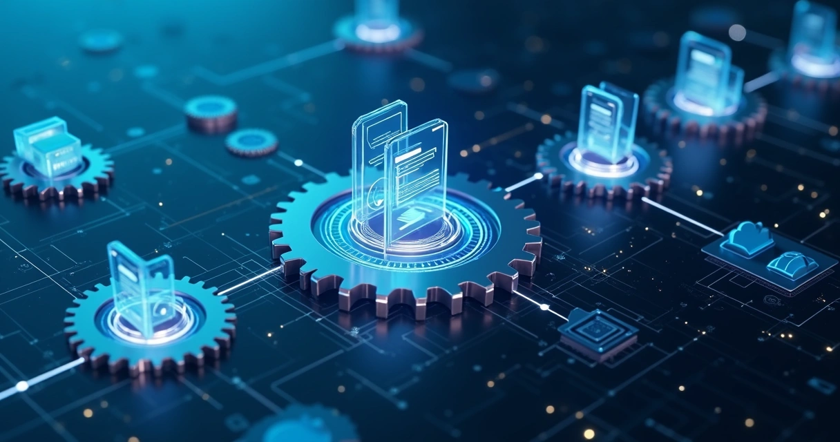 Ilustração de processo contábil digitalizado com engrenagens digitais e nuvem 