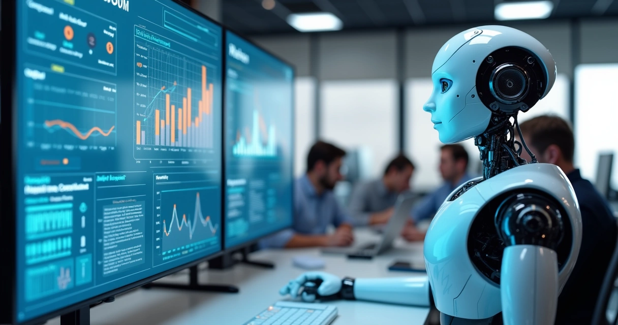 Robô automatizando análise de dados em ambiente corporativo