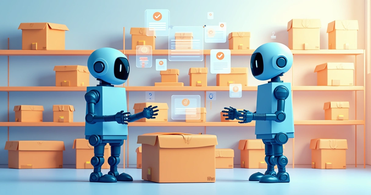 Robôs digitais organizando caixas em prateleiras e notificações digitais 