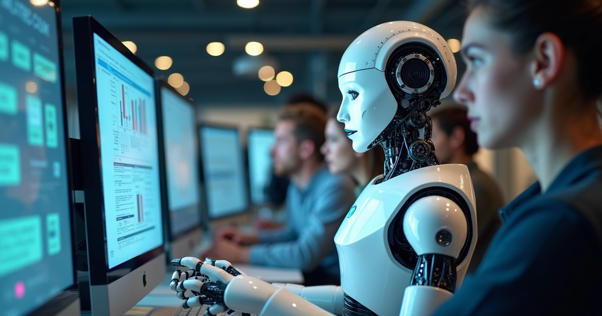 Robôs digitais automatizando processos em escritório com telas e fluxos de trabalho 