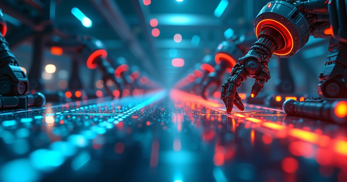 Fluxo de automação com robôs digitais trabalhando em linha de montagem virtual