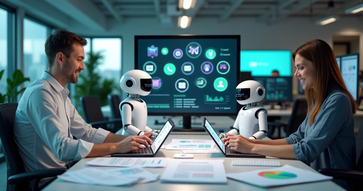 Robôs e pessoas cooperando em ambiente corporativo digital 