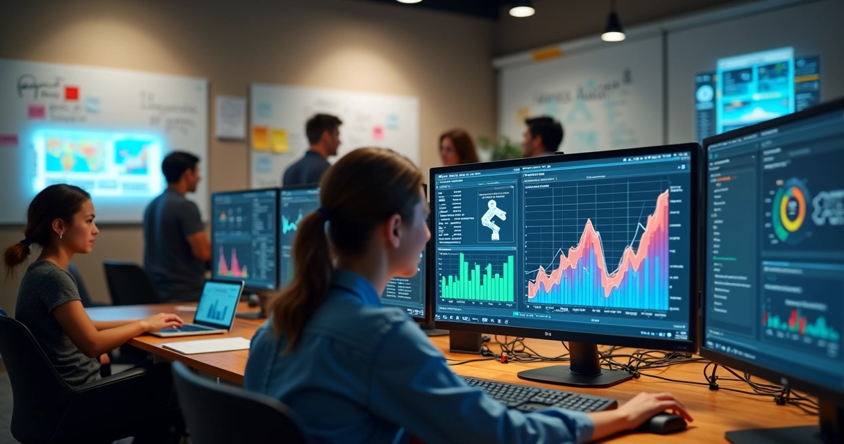 Funcionários analisando telas com gráficos e sistemas conectados