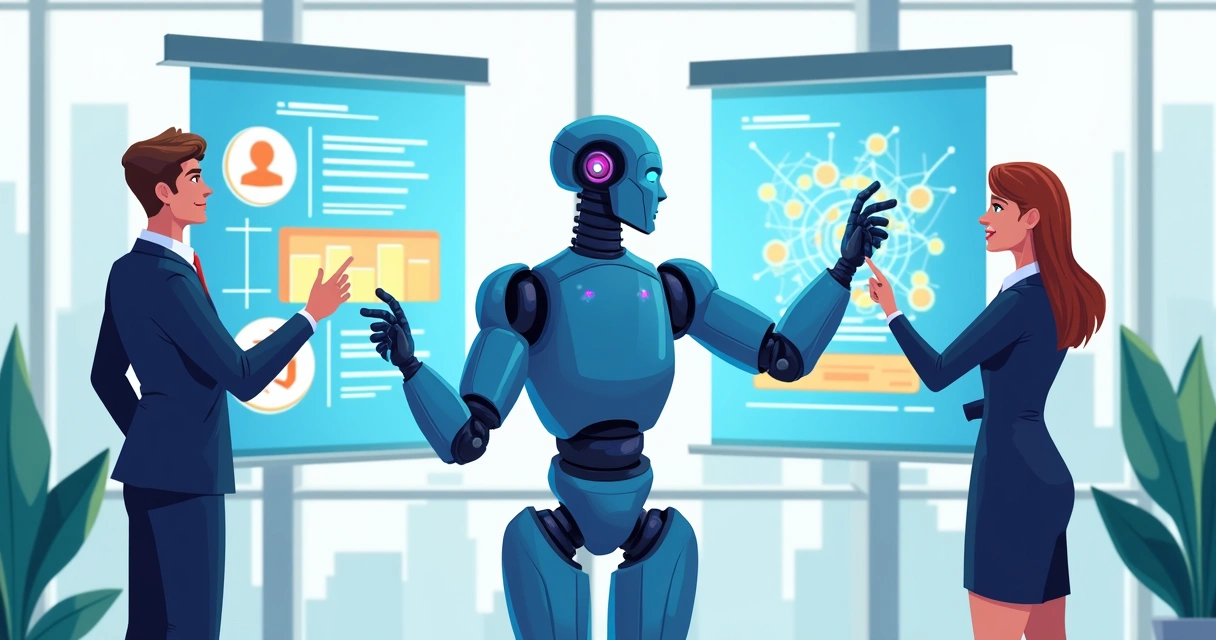 Robô digital e humanos trabalhando juntos diante de telas, simbolizando automação de processos nas empresas. 