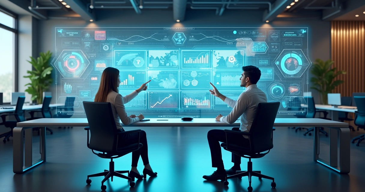 Ambiente moderno de escritório com tela digital exibindo gráficos de inteligência artificial e automação de processos empresariais 