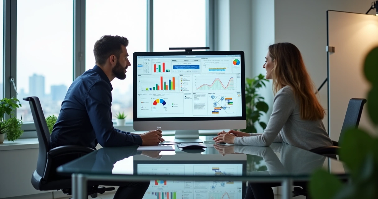 Pessoa analisando tela de computador com fluxos automatizados em ambiente corporativo