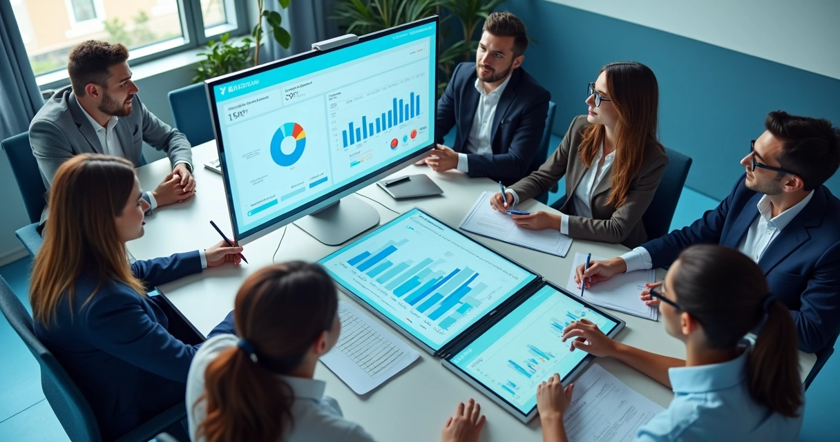 Equipe escolar reunida em frente a computadores analisando automação de processos 