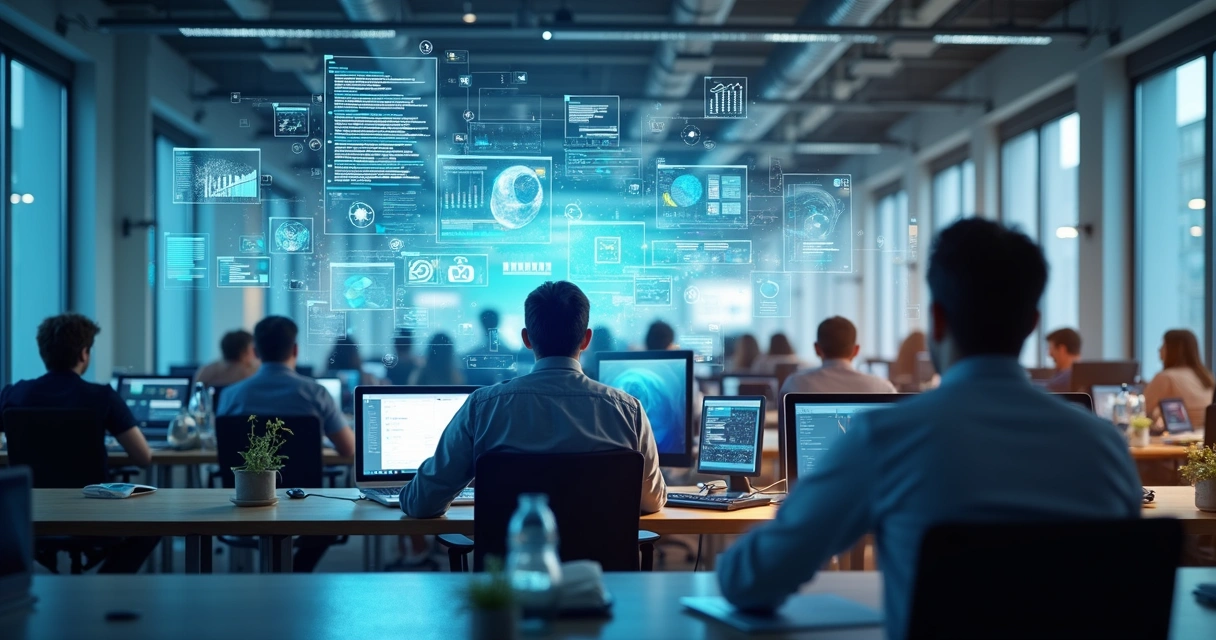 Funcionário usando computador com fluxos digitais e integração de sistemas 