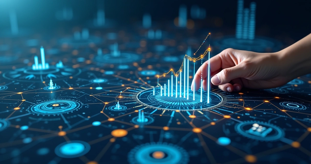 Indicadores para avaliar inteligência de dados em vendas em Fintech 6 Fluxo automatizado de dados em fintech com gráficos e conexões digitais
