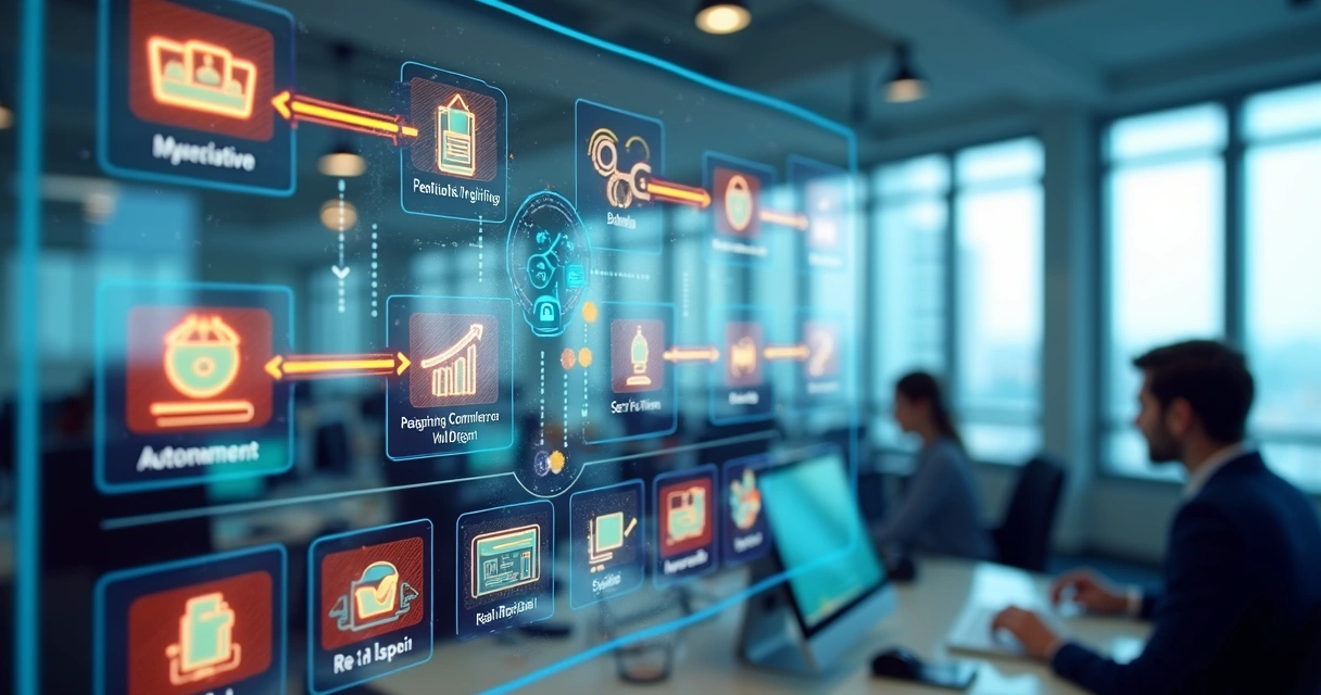 Fluxograma digital colorido representando automação de processos fiscais e contábeis