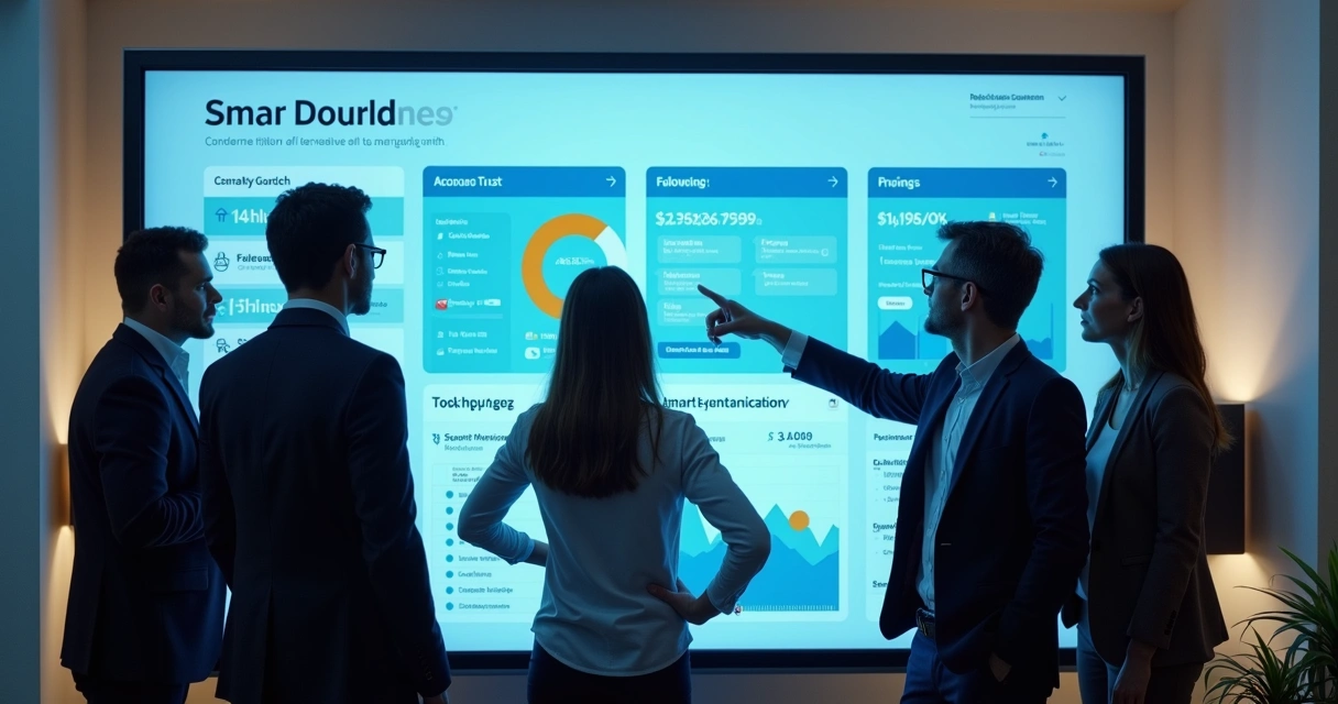 Equipe imobiliária usando painel digital com tarefas automatizadas 