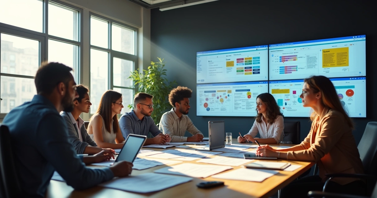 Profissionais em uma mesa monitorando fluxos automatizados em telas