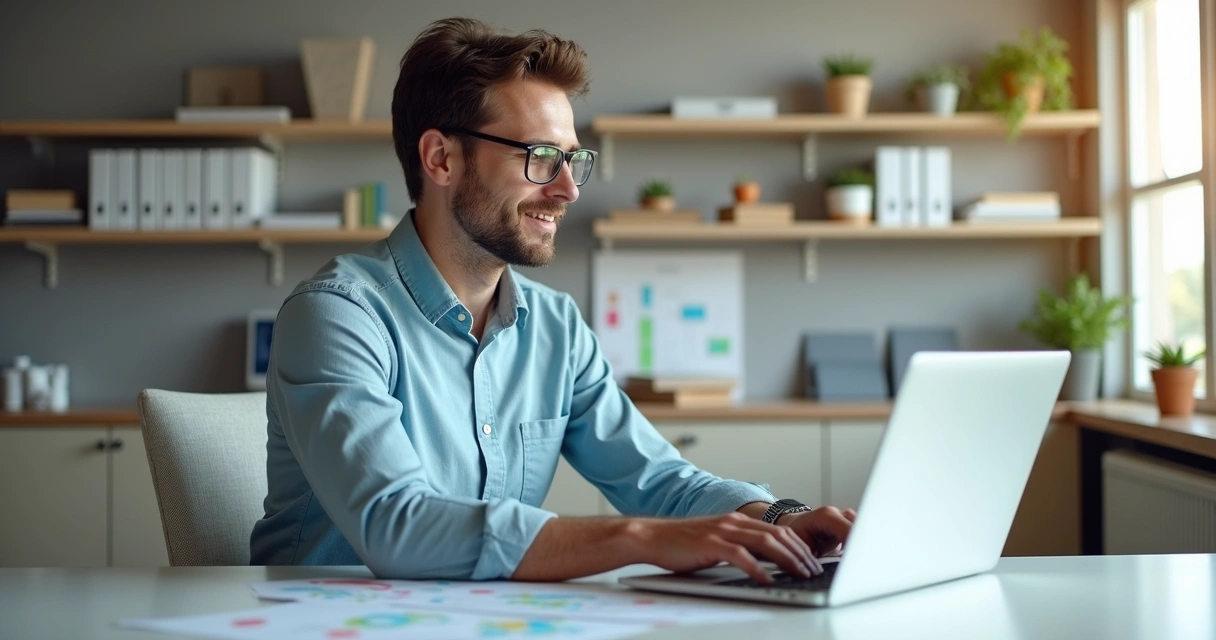 Pequeno empresário configurando automação no notebook 