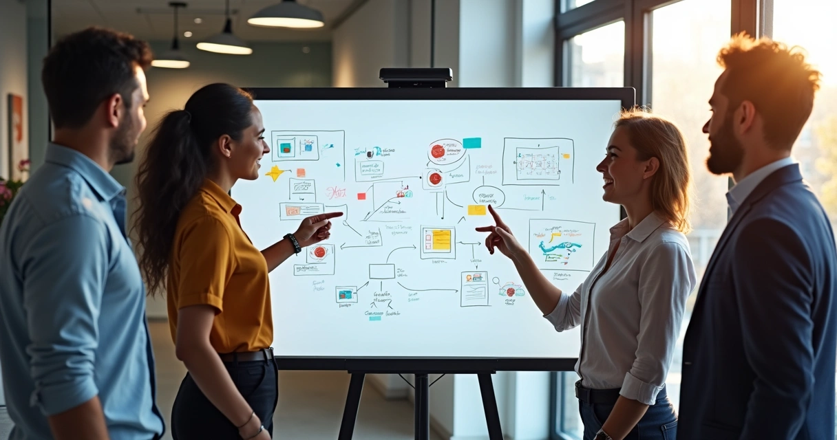 Equipe reunida discutindo automação em painel digital