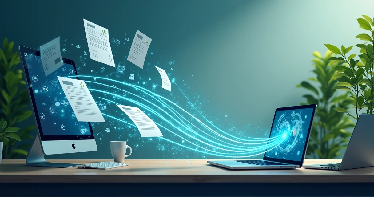 Processos digitais sendo automatizados, folhas de papel desaparecendo e árvores intocadas ao fundo 