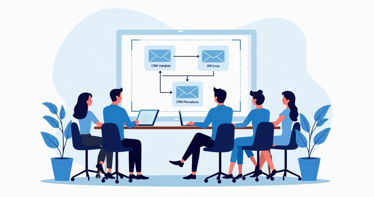Equipe analisando fluxo de automação de e-mails personalizados em um painel digital. 