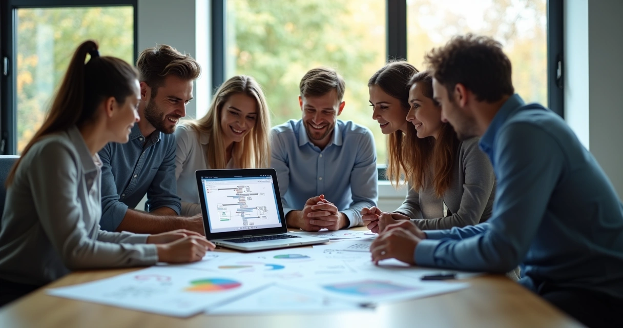 Equipe de negócios avaliando automação de propostas na tela de um notebook, papéis sobre a mesa, ambiente de escritório moderno