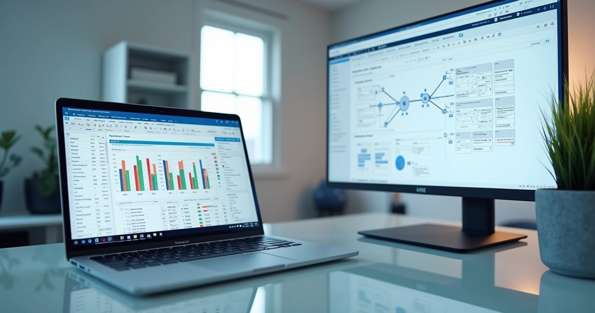 Computador com tela mostrando Google Sheets e fluxo de automação no N8N, ambiente moderno e iluminado 