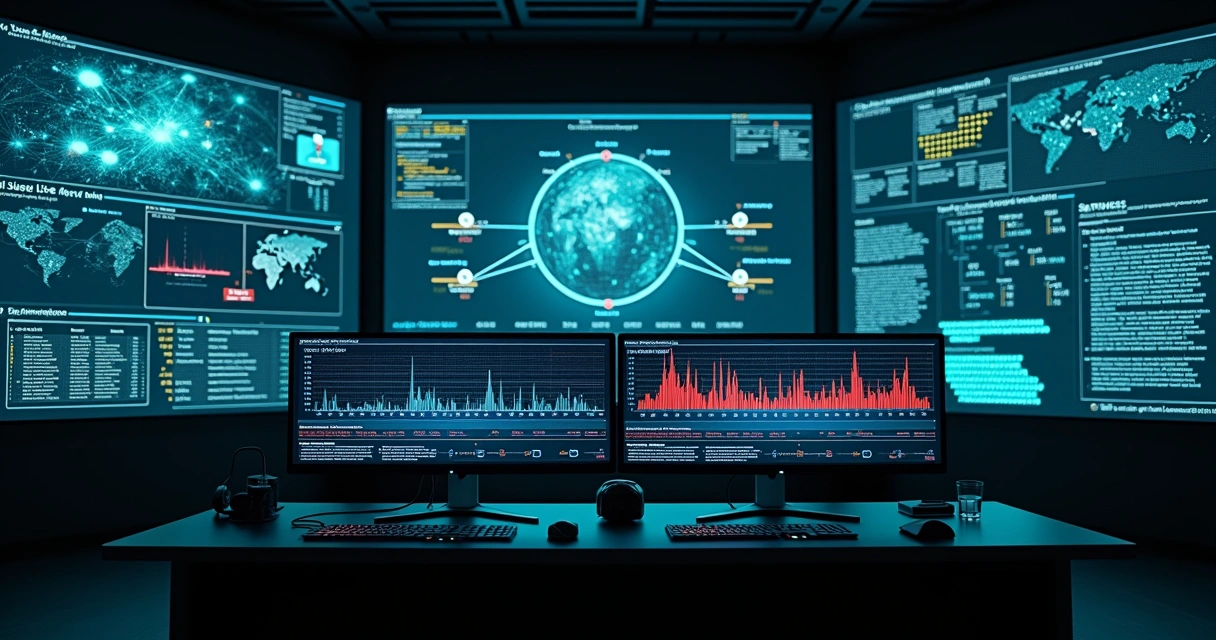 Painel operacional com linhas de alerta sendo corrigidas por automação em TI 
