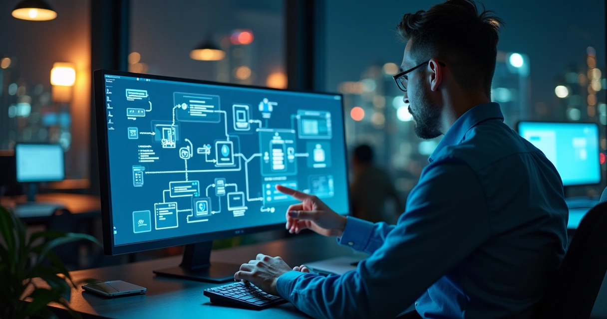 Funcionário usando computador automatizando tarefas rotineiras 