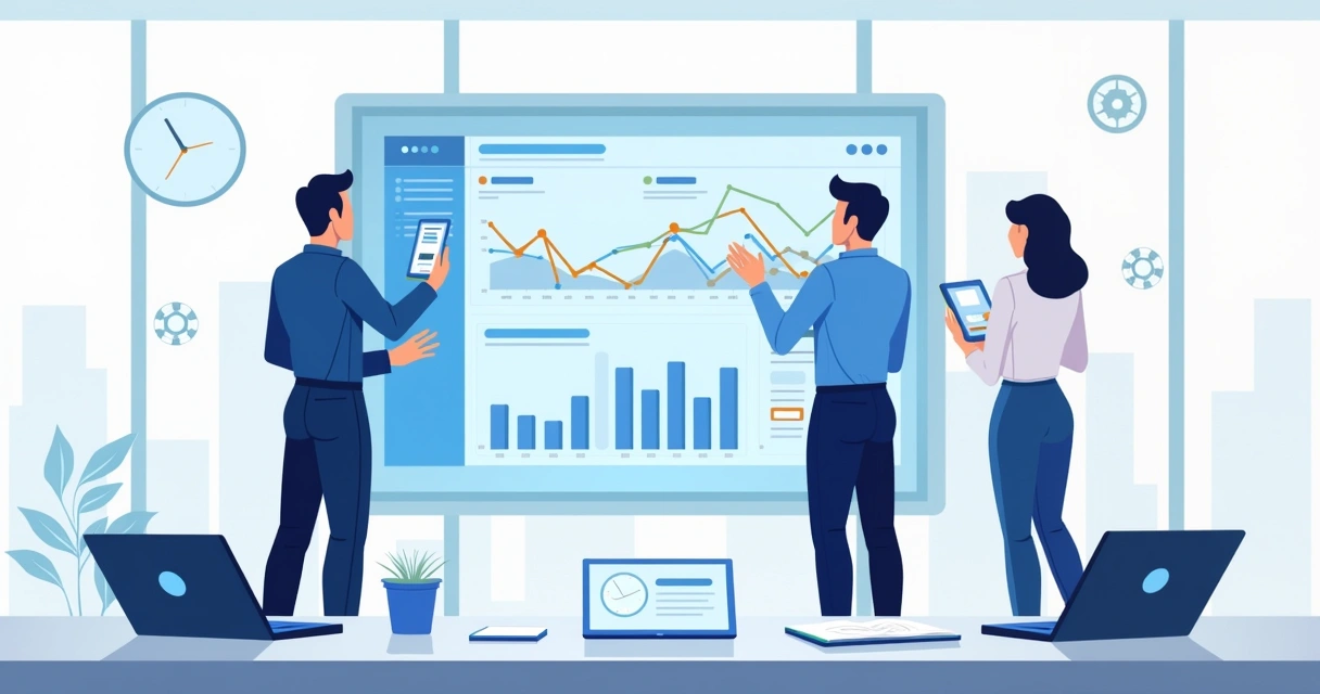 Equipe técnica observando painel digital com ordens de serviço sendo automatizadas 