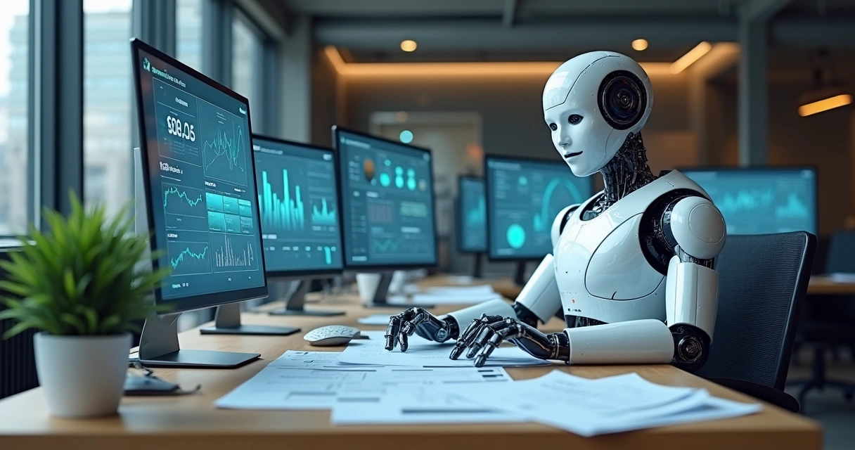 Robô digital atuando em estação de trabalho fiscal com papéis, computadores e gráficos 