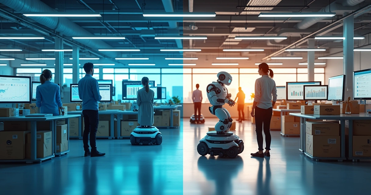 Robôs e pessoas atuando juntos em setores de empresas 