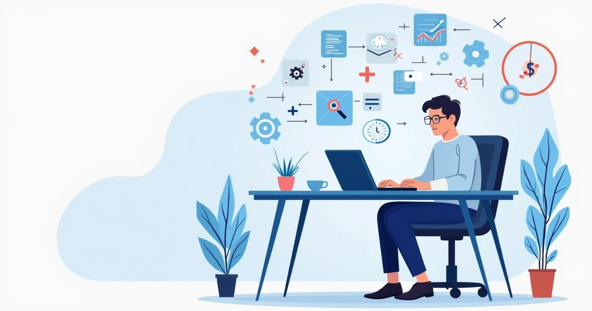 Ilustração flat corporativa mostrando um CEO de agência automatizando tarefas manuais no computador com ícones de automação ao redor 