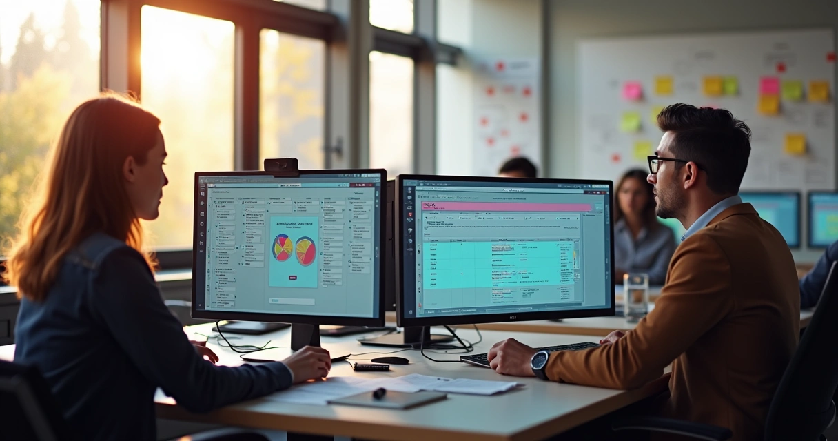 Equipe em frente a computadores analisando painel de tarefas automatizadas