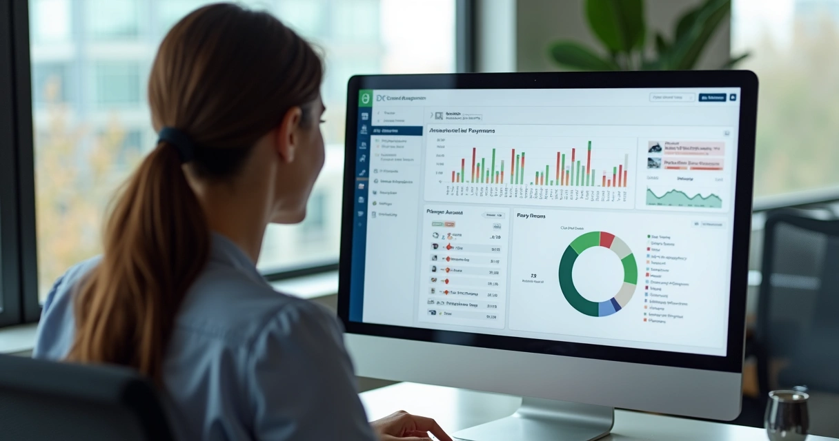 Funcionária operando automação de tarefas financeiras 