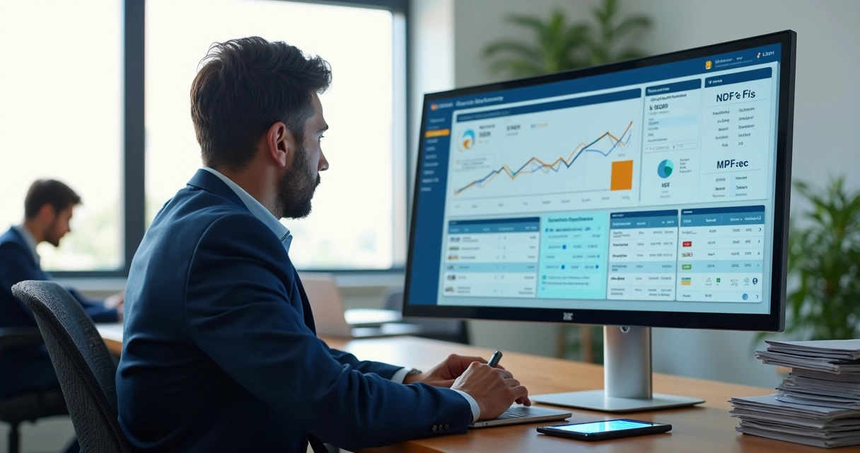 Empresário analisando notas fiscais automatizadas em painel de computador 