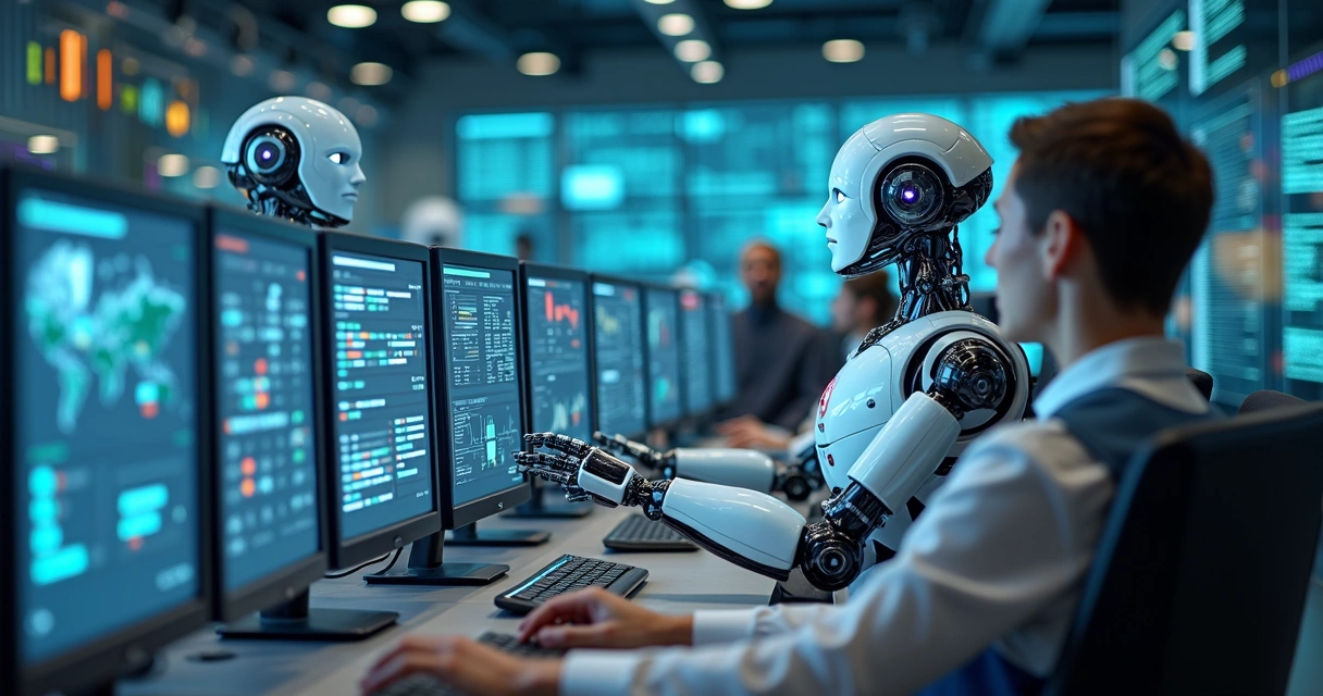 Diagrama colorido mostrando robôs digitais executando tarefas de escritório 