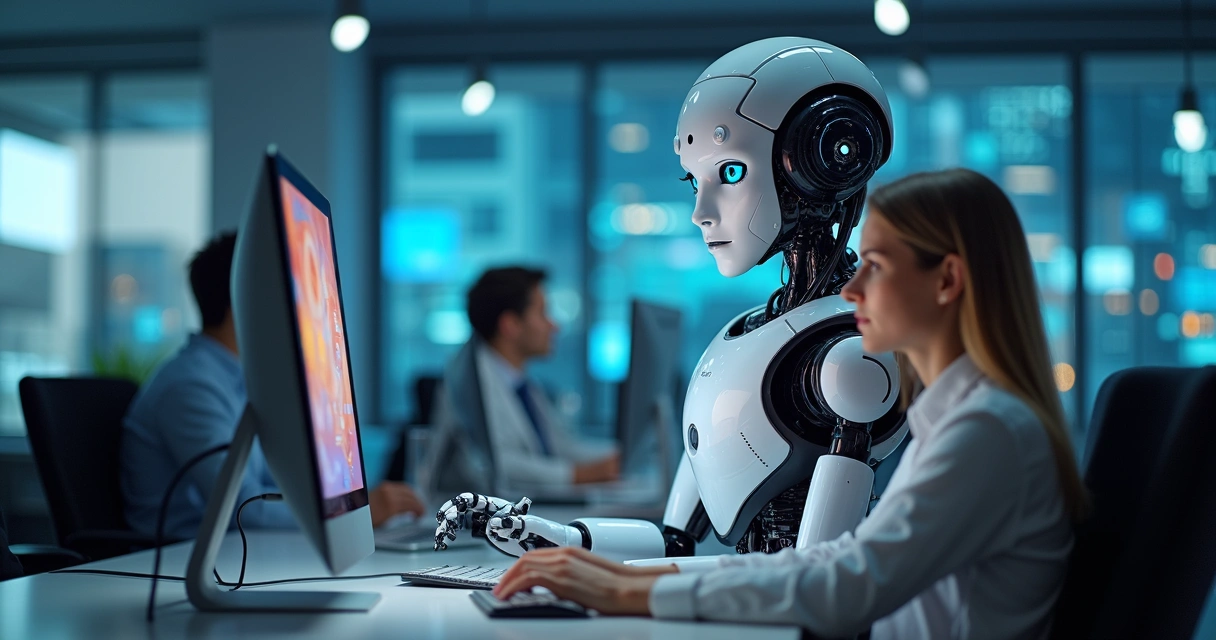 Robô auxiliando funcionários em tarefas automatizadas com computadores 